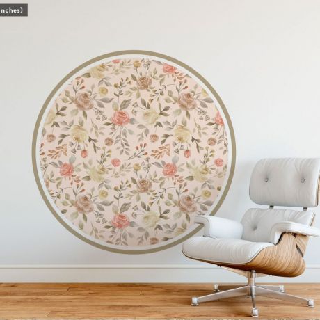 Nursery Room Decor, Floral Flowers Wall Stickers, Floral Wall Decal Roses with Leaves, Circle Flowers Vinyl Sticker, Kids Room Vinyl Decor
