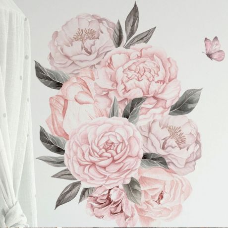 Peonies Pink Flowers, Home Decoration Bedroom, Kids Bedroom, Girls Room Peony Floral Wall Decal,Watercolor Flowers Wall Sticker Peel & Stick