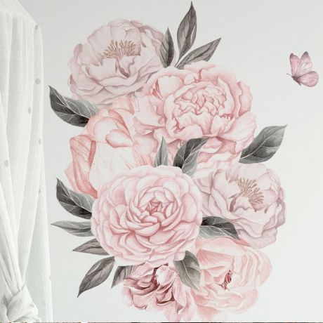 Peonies Pink Flowers, Home Decoration Bedroom, Kids Bedroom, Girls Room Peony Floral Wall Decal,Watercolor Flowers Wall Sticker Peel & Stick