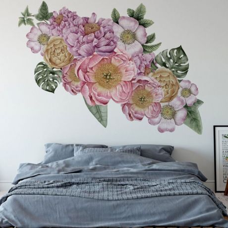 Peony Flowers Wall Stickers, Floral Design Wall Sticker Nursery Walls Decal Roses with Leaves, Border Flowers Vinyl Sticker, Kids Room Decor