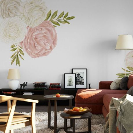 Peonies Pink White Flowers, Home, Bedroom, Kids, Girls Room Decor, Peony Floral Wall Decal, Flowers Wall Sticker, Peony Vinyl Peel & Stick