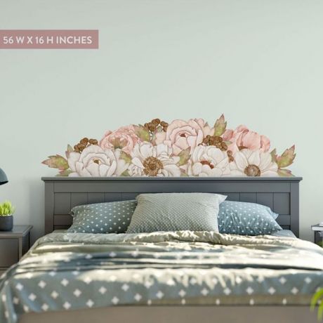 Peony Flowers Headboard Wall Stickers, Floral Design Wall Sticker Nursery Walls Decal Roses with Leaves, Vinyl Sticker, Kids Room Decoration