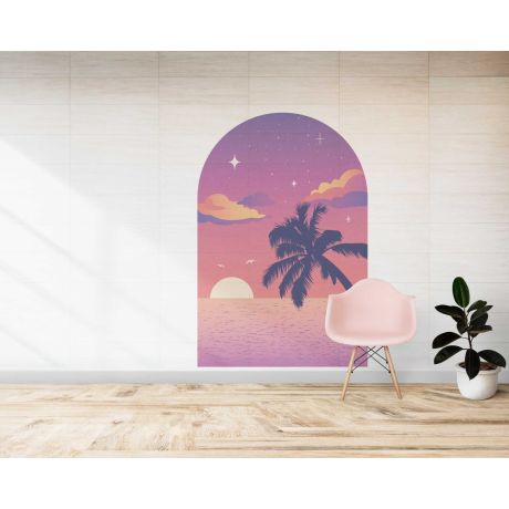 Best Beautiful Pink Purple Sunset With Palm Trees Beach View Arch Shape Wall Stickers
