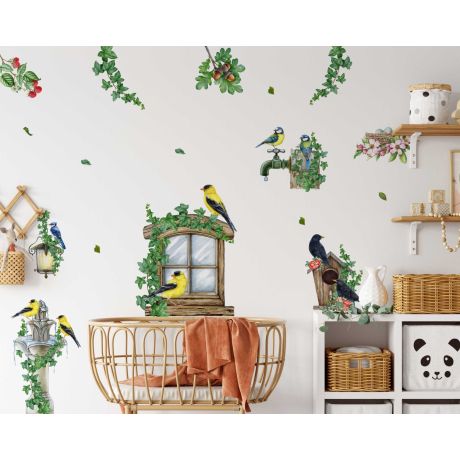 Romantic Little Growing Flowers and Birds Wall Stickers for Nursery Decor