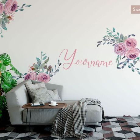 Rose Floral Custom Namer Wall Stickers, Tropical Floral Leaves Rose Wall Decals, Home, Bedroom Decoration, Personalised Name Stickers Decal