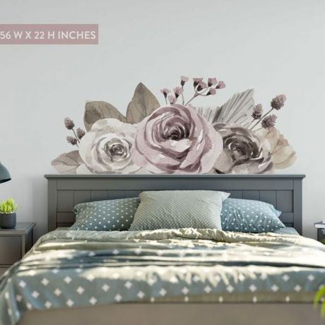 Rose Flowers Headboard Wall Stickers, Kids Room Floral Design Watercolour decal, Nursery Walls Decal, Girls Room Vintage Flower Leaves Vinyl