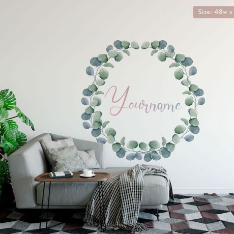 Eucalyptus Leaf Wreath Custom Namer Wall Stickers, Tropical Floral Eucalyptus Leaves Wall Decal, Home, Bedroom Decoration, Personalised Name