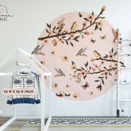 Circle Birds, Trees, Leaves Wall Stickers Home Decor, Tropical Wall Mural, Birds in Pastel Pink Circle Wall Decal, Girls Kid Room Decoration