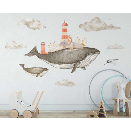 Large Whale Watercolor Wall Sticker Baby whale Crane Clouds