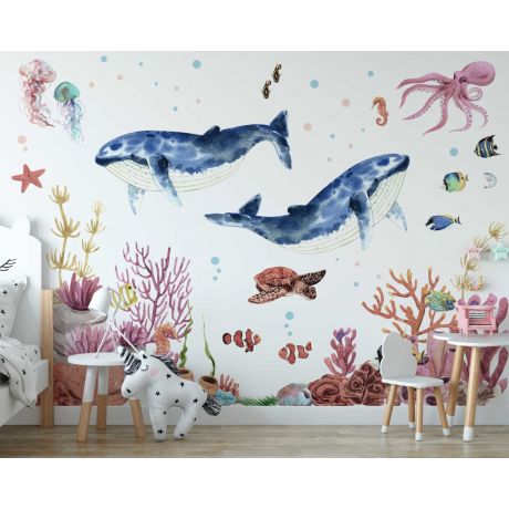 Large Whale Watercolor Wall Sticker Tortoise Plants Octopus