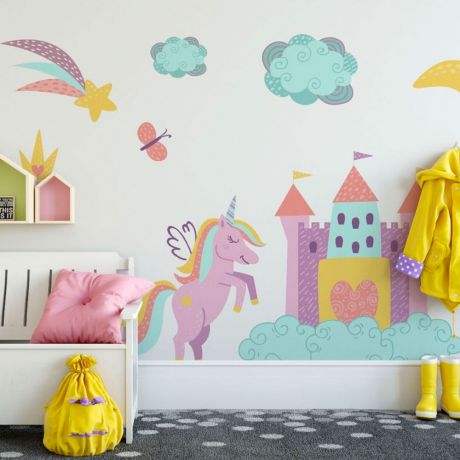 Unicorn Horn Wall Stickers, Unicorn House, Moon, Cloud, Butterfly, Star, Wall Decal, Rainbow Unicorn Kids Room Decor, Nursery Room Decor