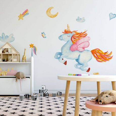 Kids Room Decoration, Unicorn Rainbow Wall Stickers, Clouds, Stars, Moon Wall Decal, Nursery Wall Decal, Girls Bedroom Decor Unicorn Sticker