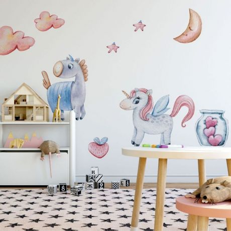 Unicorn Rainbow Wall Stickers, Kids Room Decoration, Clouds, Stars, Moon Wall Decal, Nursery Wall Decal, Girls Bedroom Decor Unicorn Sticker