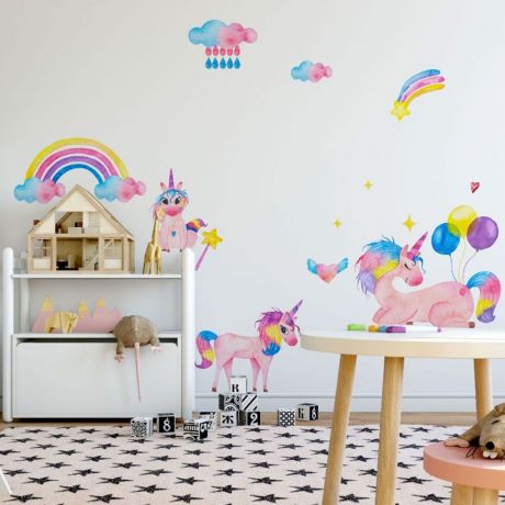 Unicorn Sleeping in Moon Wall Decal, Rainbow Unicorn Horn Wall Stickers, Kids Room Fantasy Unicorn Cloud Girls Bedroom Wall Art Cute Nursery