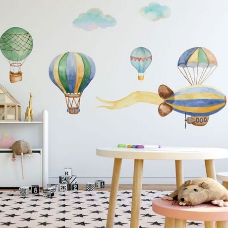 Hot Air Balloon Wall Stickers, Watercolor Air Balloon Wall Decals, Watercolor Kids Playroom Stickers, Girl Bedroom Art, Mural Nursery Decor