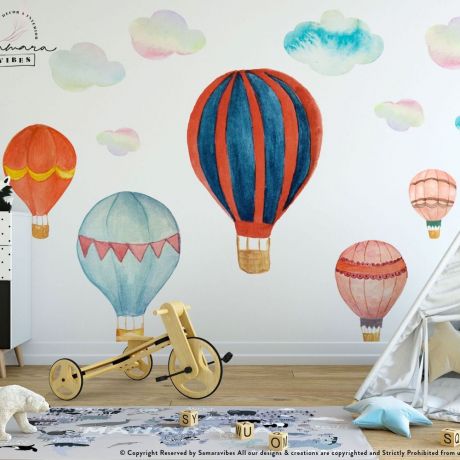 Hot Air Balloon Wall Decal, Watercolor Air Balloon Wall Sticker, Watercolor Playroom Kids, Girl Bedroom, Mural Nursery Decor