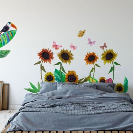 Watercolour Sun Flowers, Birds Wall Stickers, Bedroom Wall Decals, Yellow Sunflower Wall Decals, Watercolour Flowers Girl Room Decoration