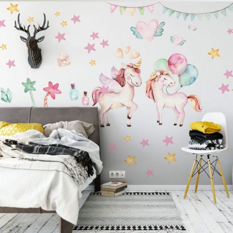 Watercolour Unicorn Rainbow Wall Stickers, Kids Room Decoration, Clouds, Stars, Moon Wall Decal, Nursery Wall Decal, Girls Bedroom Decor