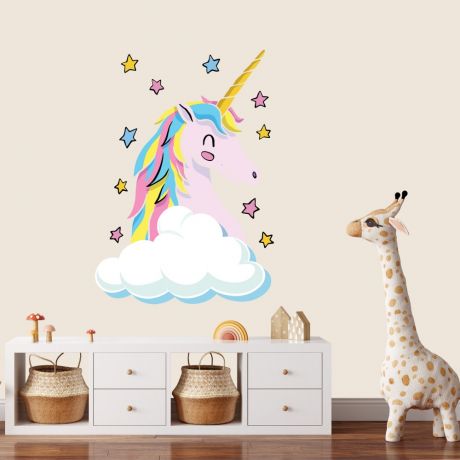 Unicorn Wall Sticker with Cloud and Stars Wall Decal Stickers Fantasy Girls Bedroom Wall Art Cute Nursery