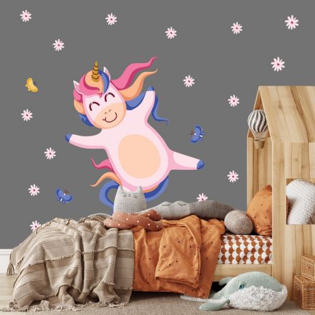 Unicorn with Flowers Wall Decal Stickers Fantasy Girls Bedroom Wall Art Cute Nursery