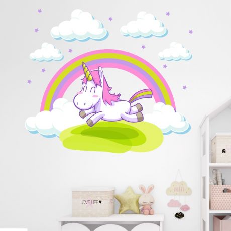 Unicorn with Rainbow and Clouds Wall Decal Stickers Fantasy Girls Bedroom Wall Art Cute Nursery