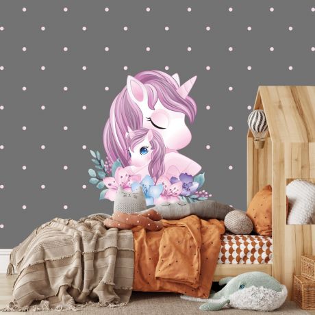 Mother and Baby Unicorn Wall Sticker with Polka Dot Wall Decal Fantasy Girls Bedroom Wall Art Cute Nursery