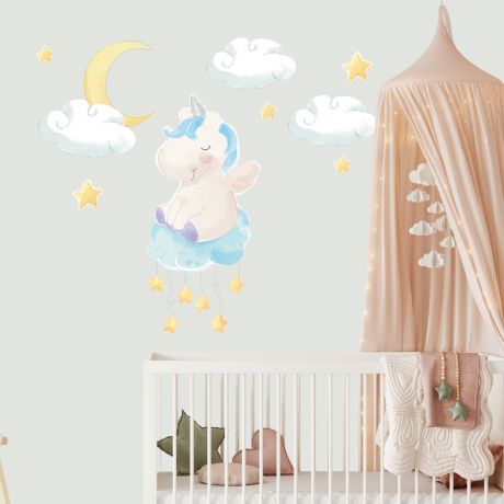 Watercolour Unicorn with Moon Wall Sticker Wall Decal Stickers Fantasy Girls Bedroom Wall Art Cute Nursery