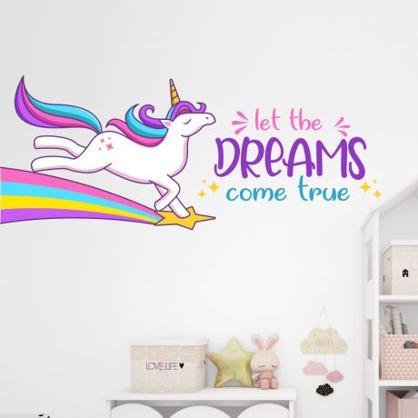 Let the dream come true Unicorn Quote wall sticker, unicorn wall decal, Flower room decor, unicorn room dÃ©cor