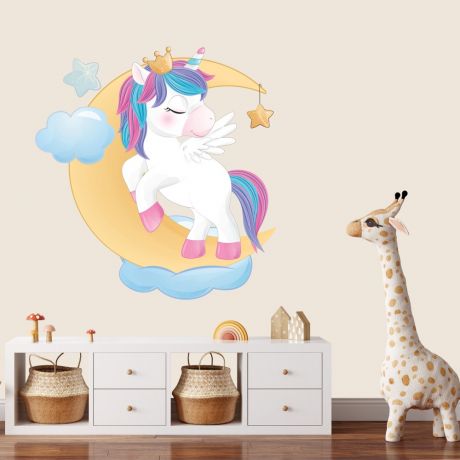 Unicorn Sleeping in Moon Wall Decal Stickers Fantasy Girls Bedroom Wall Art Cute Nursery