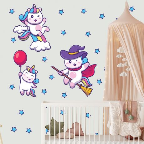 Stars with 3 Unicorn Wall Decal Stickers Fantasy Girls Bedroom Wall Art Cute Nursery