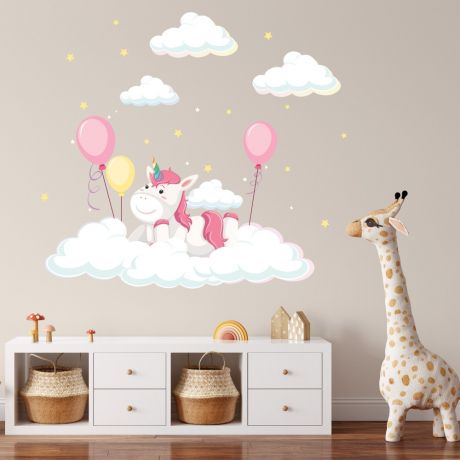 Unicorn Wall Sticker with Clouds Baloon Wall Decal Stickers Fantasy Girls Bedroom Wall Art Cute Nursery