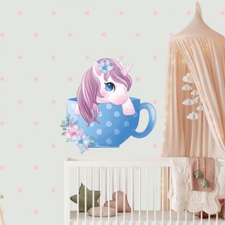 Teacup Unicorn Wall Sticker with Polka Dots Wall Decal Stickers Fantasy Girls Bedroom Wall Art Cute Nursery