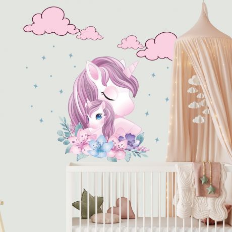 Unicorn Wall Sticker with Cloud and Polka Dots Wall Decal Stickers Fantasy Girls Bedroom Wall Art Cute Nursery