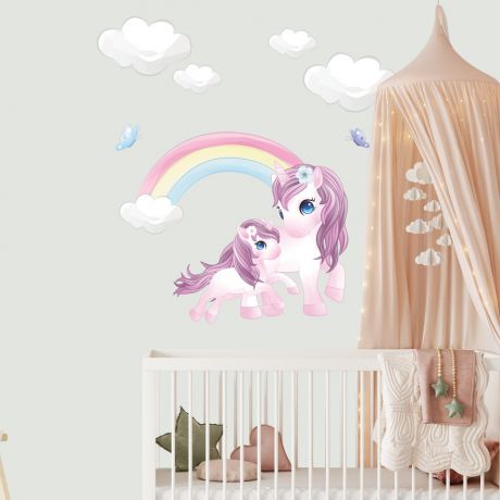 Unicorn Wall Sticker with Cloud and Rainbow Wall Decal Stickers Fantasy Girls Bedroom Wall Art Cute Nursery