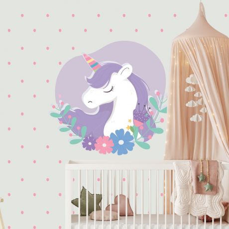 Floral Unicorn Wall Sticker with Polka Dots Wall Decal Stickers Fantasy Girls Bedroom Wall Art Cute Nursery