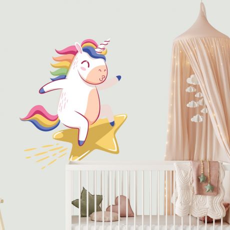 Unicorn Wall Sticker Flying with Star Wall Decal Stickers Fantasy Girls Bedroom Wall Art Cute Nursery
