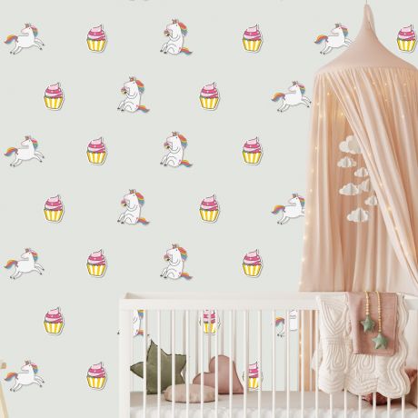 Unicorn with Cupcake Pattern Wall Decal Stickers Fantasy Girls Bedroom Wall Art Cute Nursery
