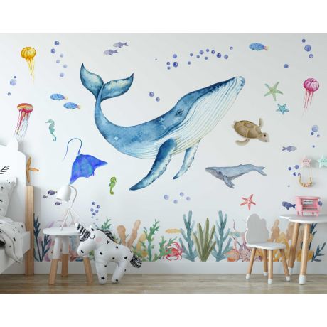 Large Whale Watercolor Wall Sticker, Tortoise, Plants, Strinygray