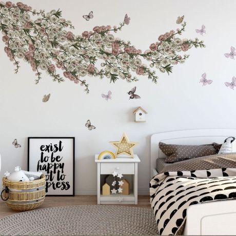 Winter Floral Watercolour Flowers Wall Sticker, Bedroom Spring Hanging Flowers Wall Stickers, Antique Floral Garden Décor Girls Baby Room