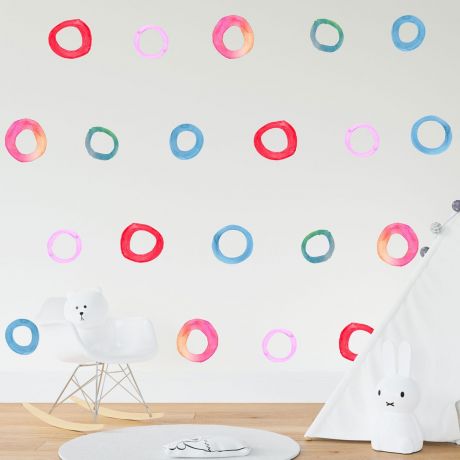 Set of 20 Multicolour Circle Wall Stickers, Watercolour Effect Pattern kids room wall stickers