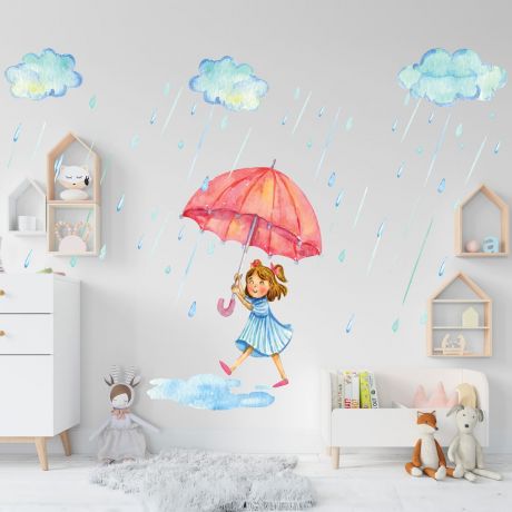 Pretty Girl with Umbrella Wall Sticker, Raindrop Wall Decal For Clouds Raining Decorations