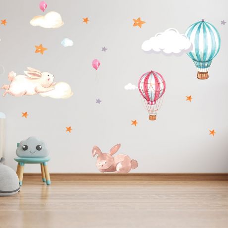 Fairy Animals Wall Sticker,Bunny Parachute Vinyl Wall Stickers, Cloud Moon Star Decals for Kids Room