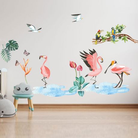 Tropical Leaves Flamingo Wall Sticker,Macaw Vinyl Wall Stickers, Tropical Birds Decals for Kids Room