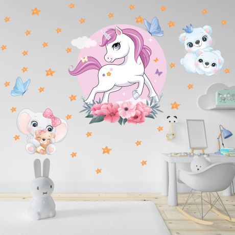 Fairy Animals Wall Sticker,Animals Vinyl Wall Stickers, Unicorn Decals for Kids Room