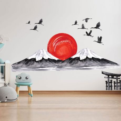 Red Sun Wall Sticker,Black Birds Vinyl Wall Stickers, Mountain Stickers for Kids Room