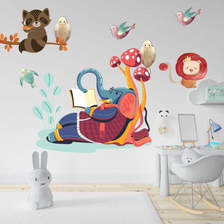 Elephant Reading Wall Sticker,Lion Vinyl Wall Stickers, Birds Stickers for Kids Room