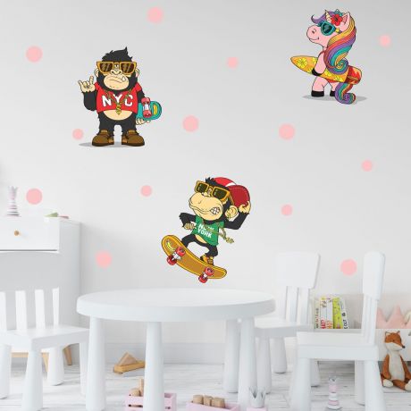 Nursery Wall Sticker, Monkey Vinyl Wall Stickers, Polka Dots Stickers for Kids Room