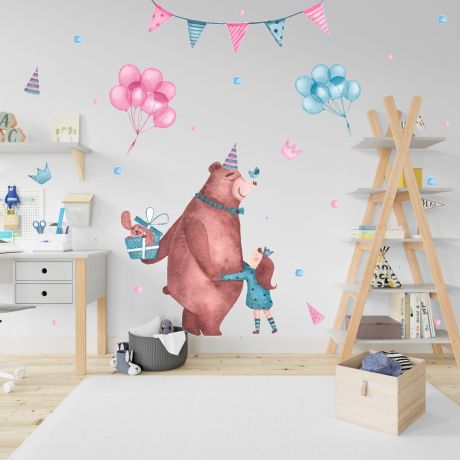 Fairy Animals Wall Sticker,Bear Vinyl Wall Stickers, Balloons Decals for Kids Room