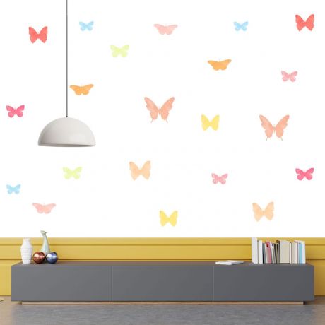 Set of 20 Multicolour Butterfly Wall Stickers, Watercolour Effect Pattern for kids room wall stickers