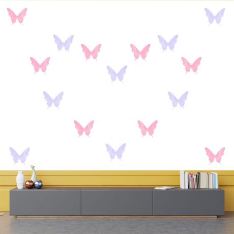 Set of 20 Purple and Pink Butterfly Wall Stickers, Watercolour Effect Pattern for kids room wall stickers